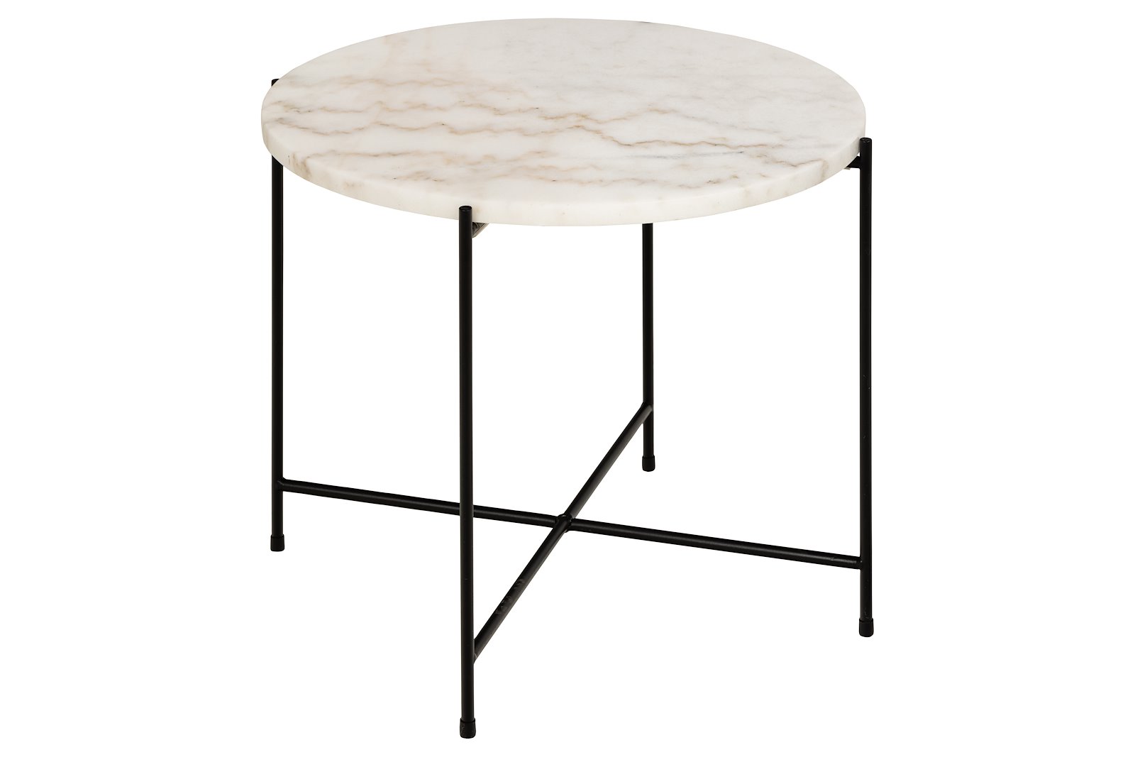 Avila sidebord Polert hvit Guangxi marmor med sortlakkert stålunderstell. Ø52 cm