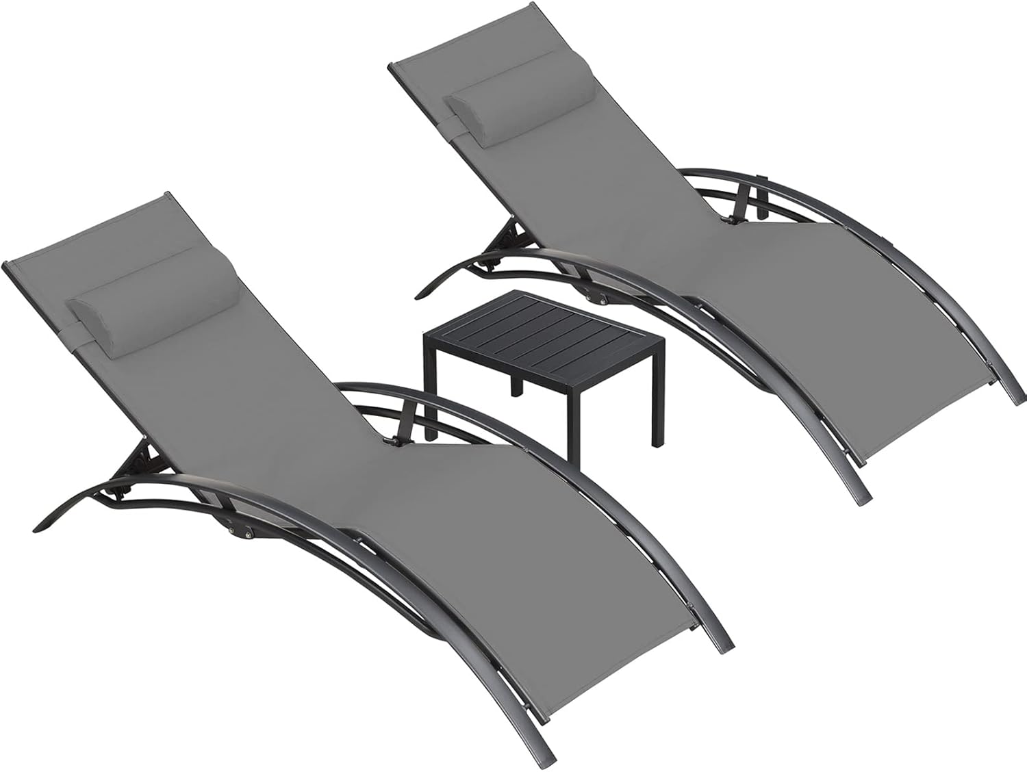 PURPLE LEAF 2-er Set Sonnenliege, Aluminium Gartenliege mit Beistelltisch und Kopfkissen, Wetterfest, 4-Fach Verstellbar, Stapelbar,150 KG Belastung, Diverse Farben, Grau