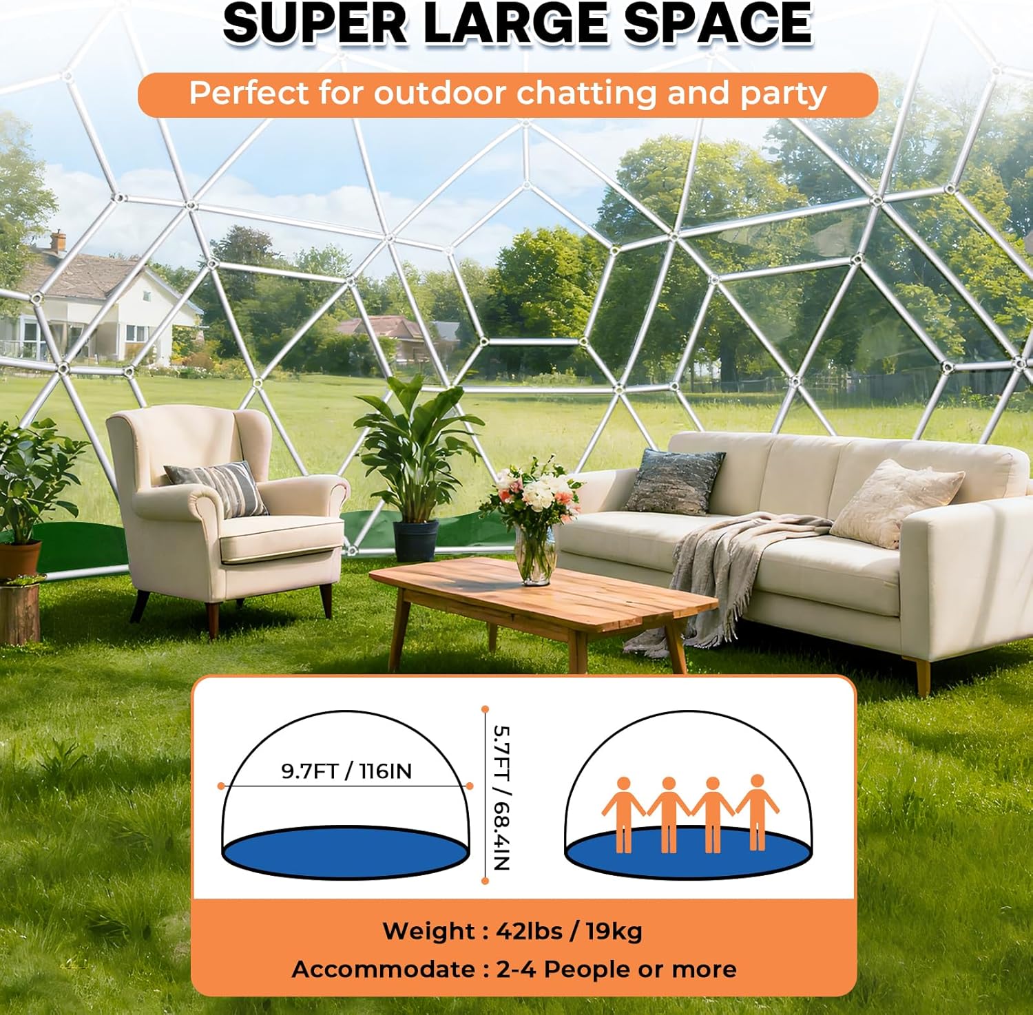 2.9 x 1.8m Gewächshaus Gartenkuppel Igloo,Gartenkuppel TPU Blasenzelt für 2-4 per,Gartenblasenzelt mit 2 Lichterketten, Durchsichtiges Kuppelzelt für Hinterhof,Party,Weihnachten,Hochzeiten