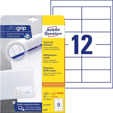 Avery Zweckform 4781 Universal-Etiketten,A4 mit ultragrip,Adressaufkleber 97 x 42,3 mm, 30 Bogen/360 Etiketten, weiß