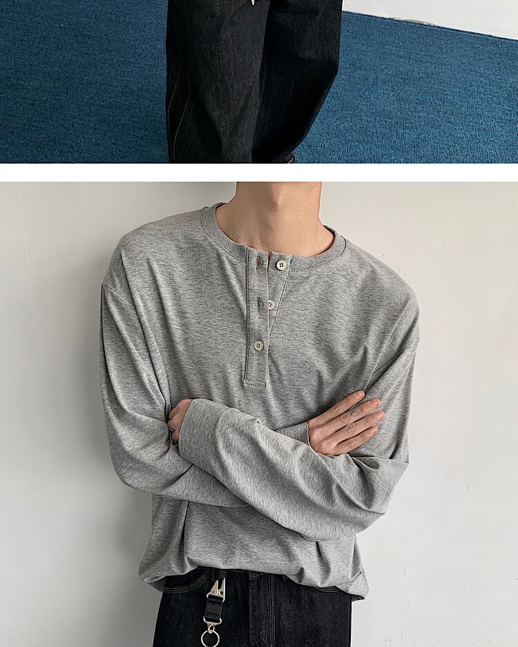 Omozando - Henley-hals T-shirt met lange mouwen en effen imitatieprint, tweedelig