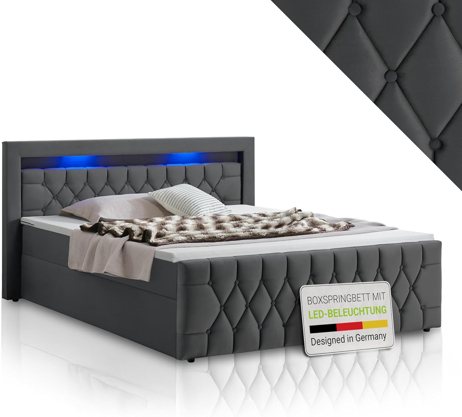 Juskys Boxspringbett Leona 140x200 cm - Bett mit LED Beleuchtung, Topper & H4 Federkern Matratzen - Einzelbett Grau mit Samt und Steppung