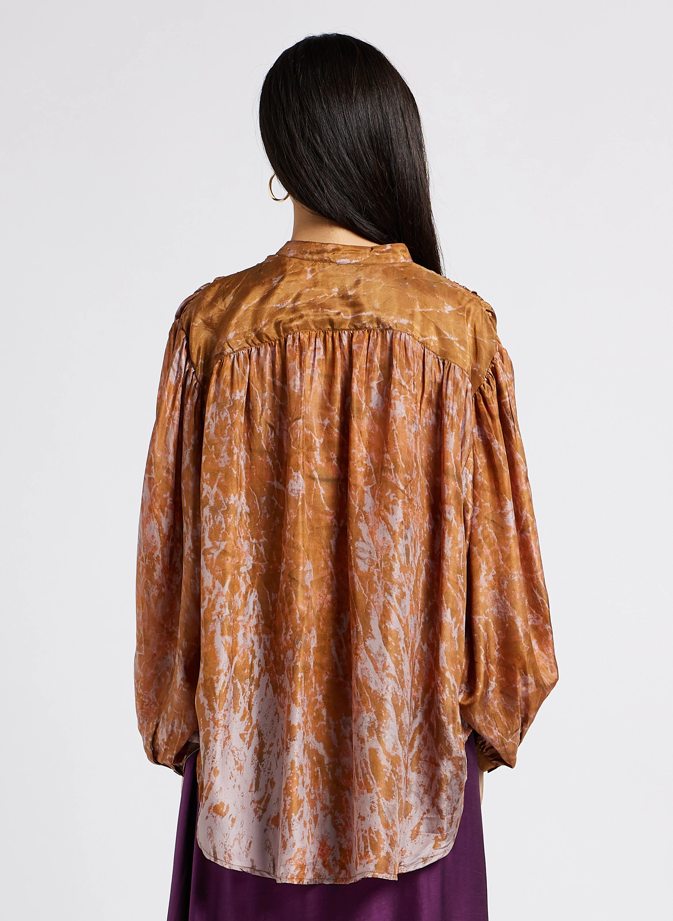 SELENITE - Chemise col mao en soie imprimée | Orange