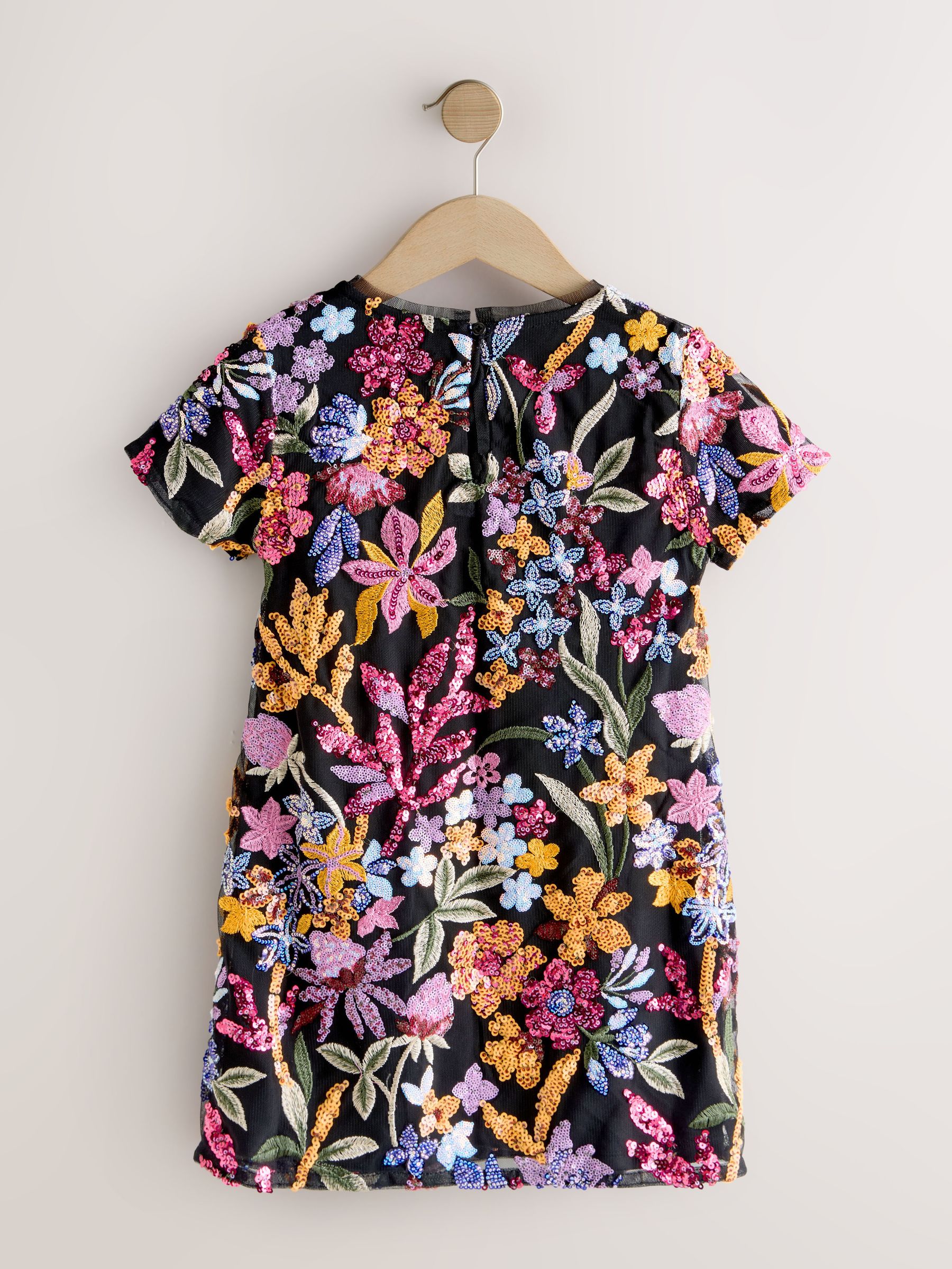 Multi - Felgekleurde bloemen shiftjurk met lovertjes (3-16jr)