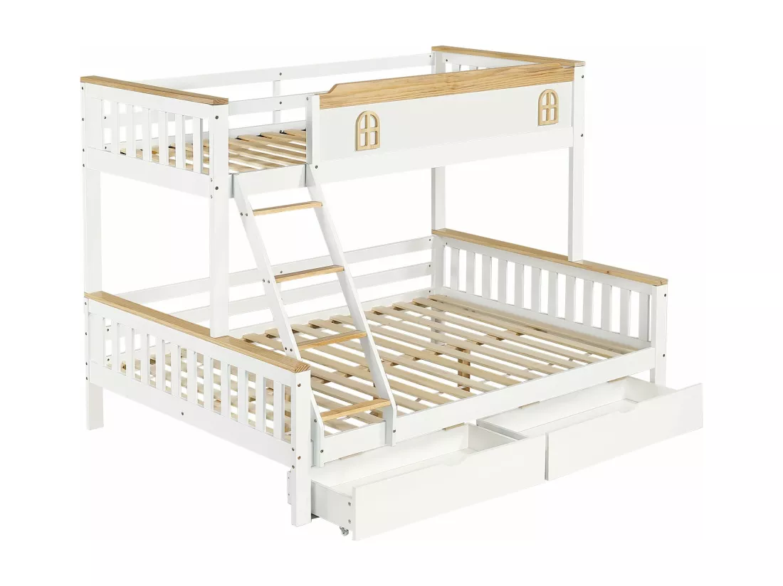 Lit superposé pour enfants 90x200cm & 140x200cm avec garde-corps, fenêtre, échelle inclinée et tiroirs, blanc + couleurs naturelles