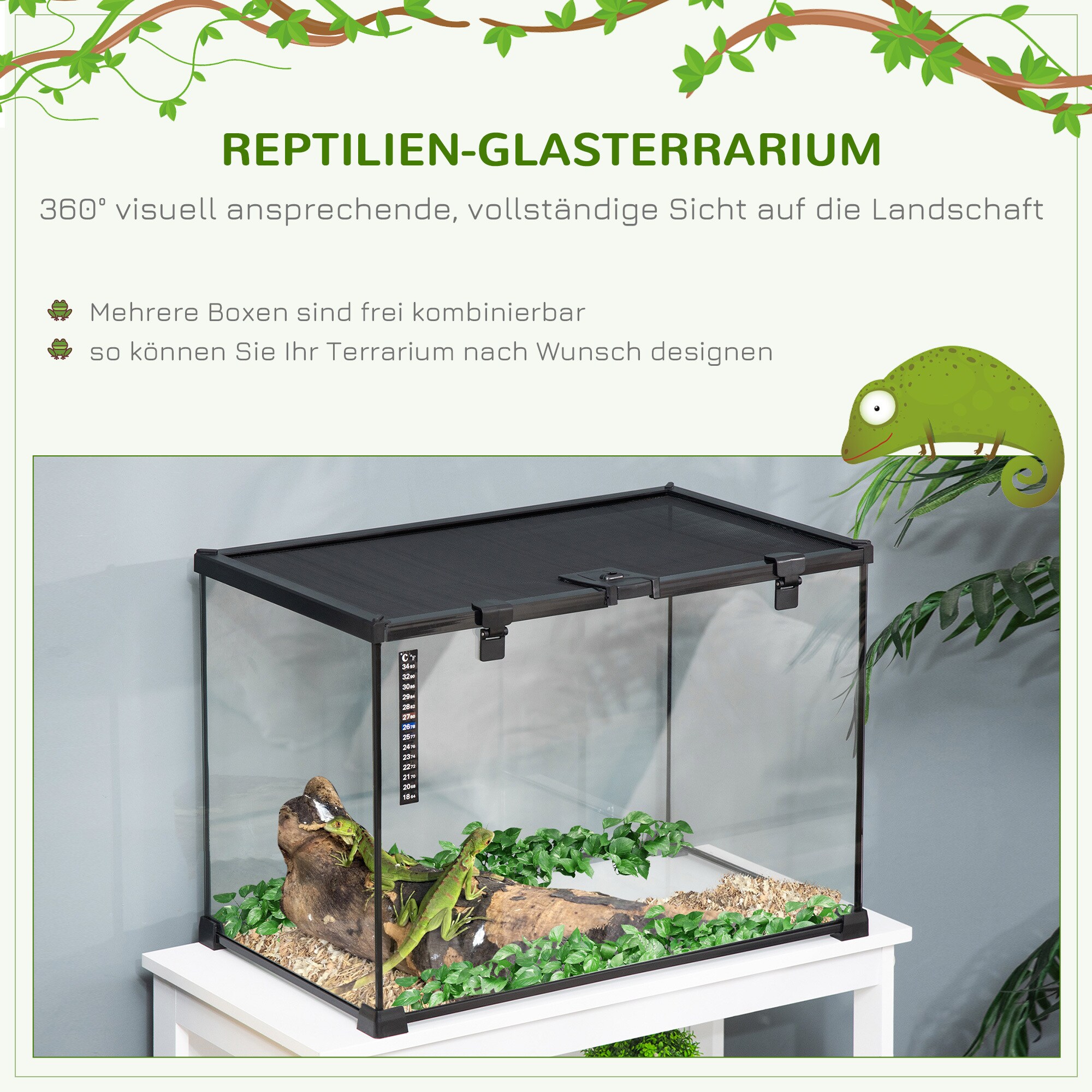 PawHut Terrarium mit Thermometer schwarz 50B x 30T x 35H cm