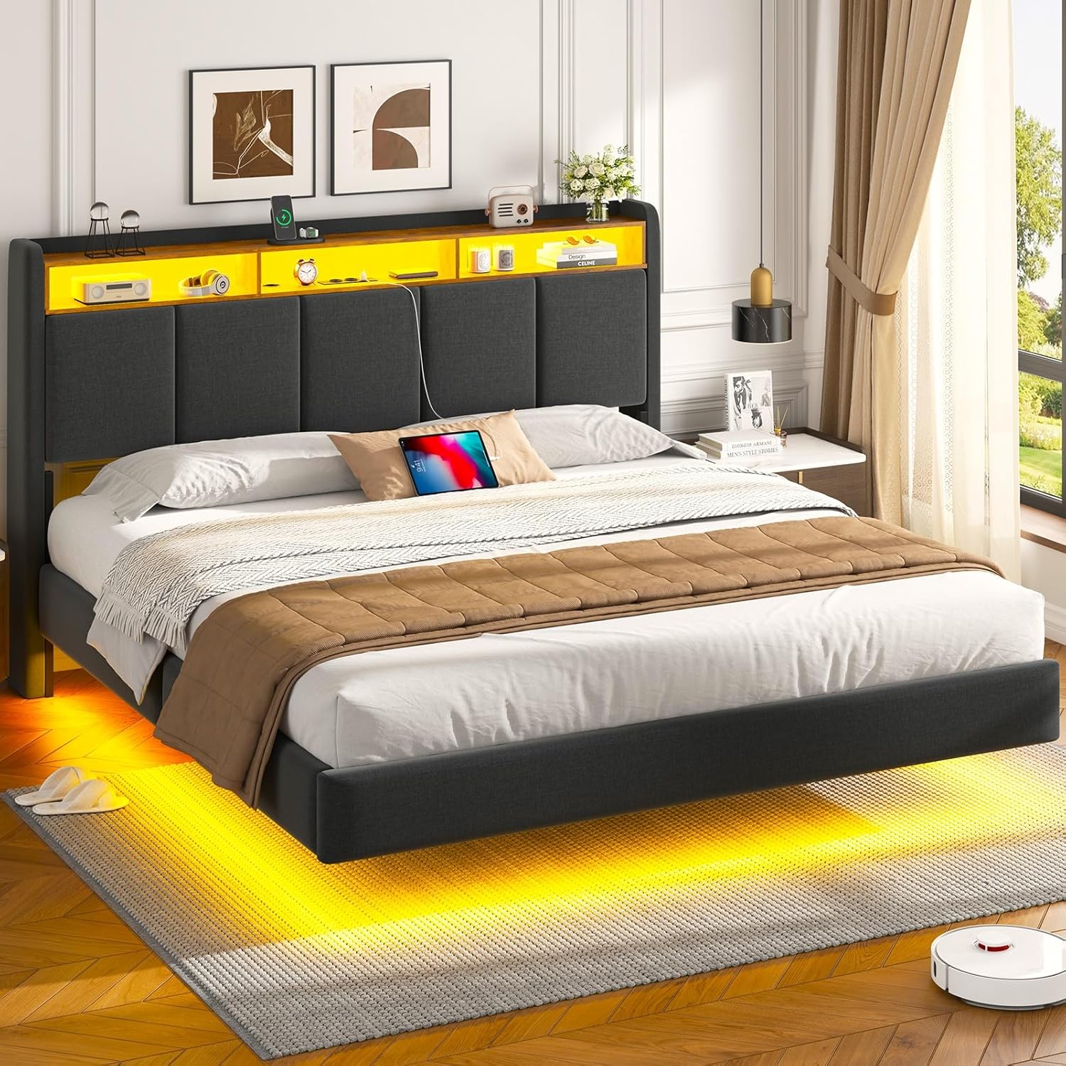 Polsterbett 180x200 cm Schwebebett mit LED-Beleuchtung, Kopfteil und Ladestation(2 AC-Steckdosen, 2 USB-Anschlüsse), Bett 180x200 mit Stauraum, Modern Doppelbett mit lattenrost, Leinen, Grau