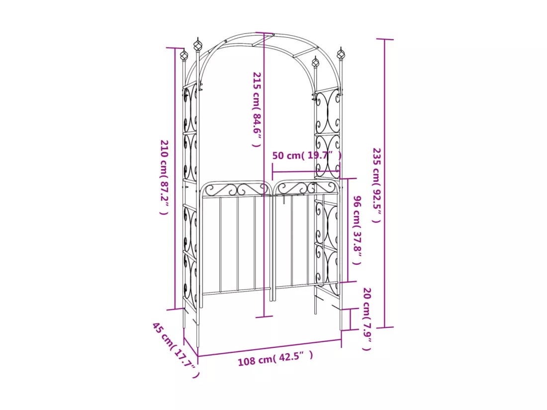 Arche de jardin avec portail noir 108x45x235 cm acier