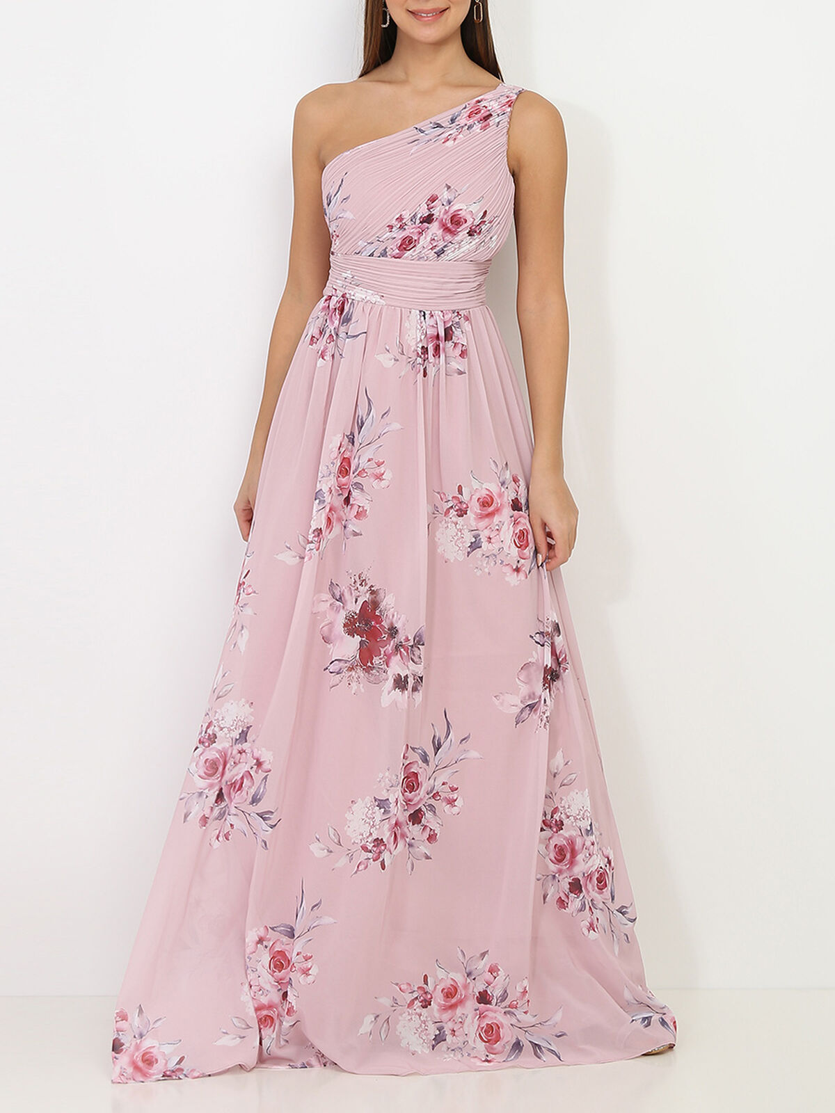 Robe longue asymétrique à fleurs- Vieux rose
