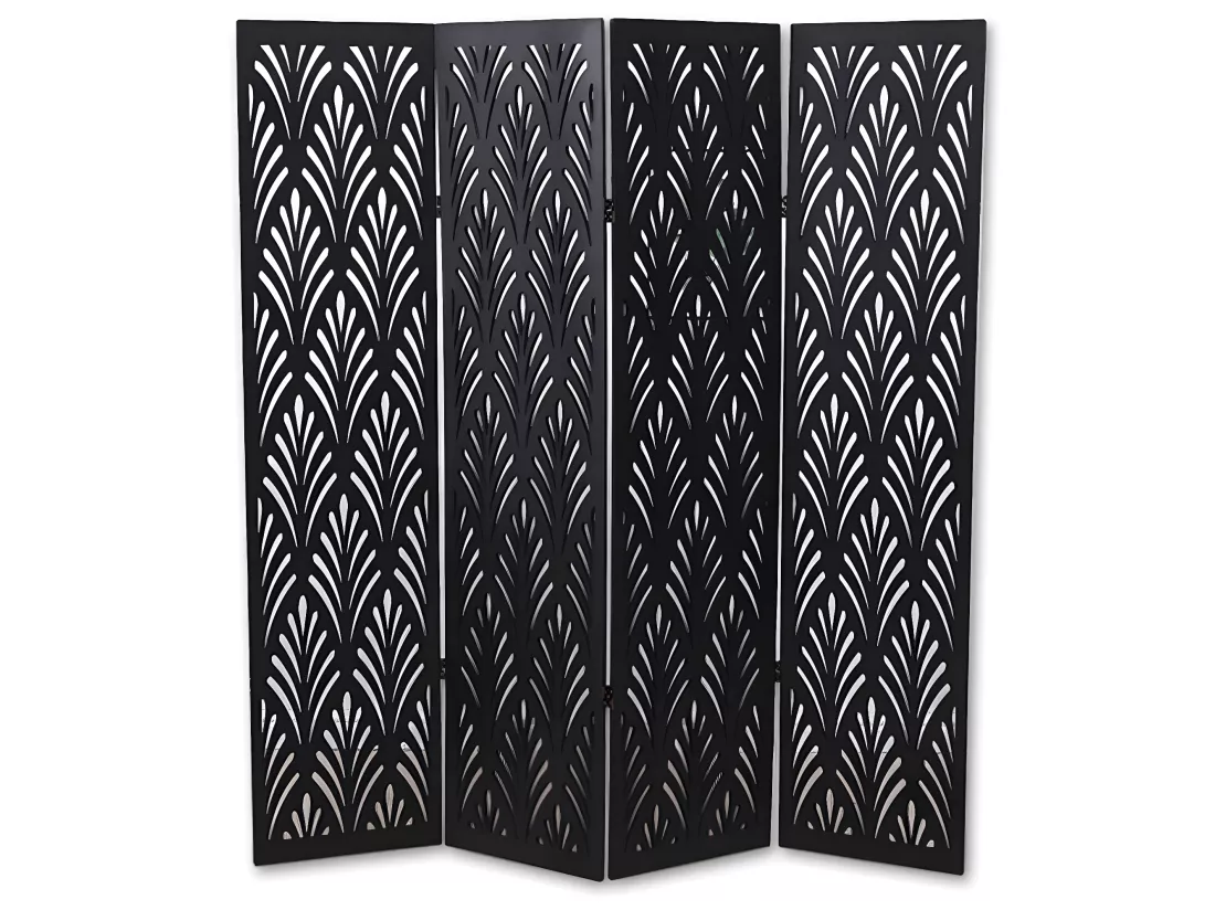 Paravent végétal en bois composite 4 pans, coloris noir H170 x L160cm