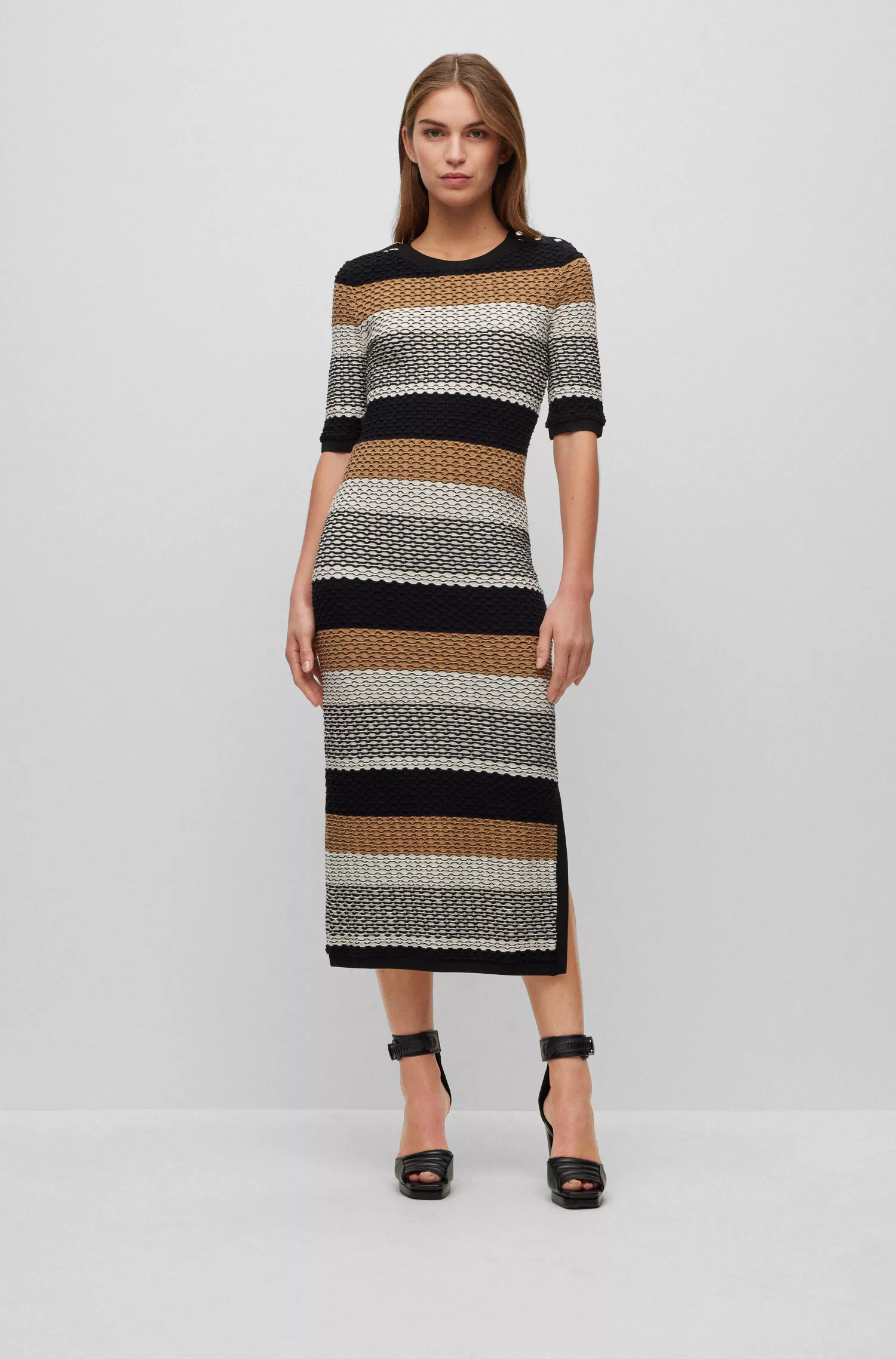 Vestido BOSS preto com listras estruturadas em malha de algodão stretch
