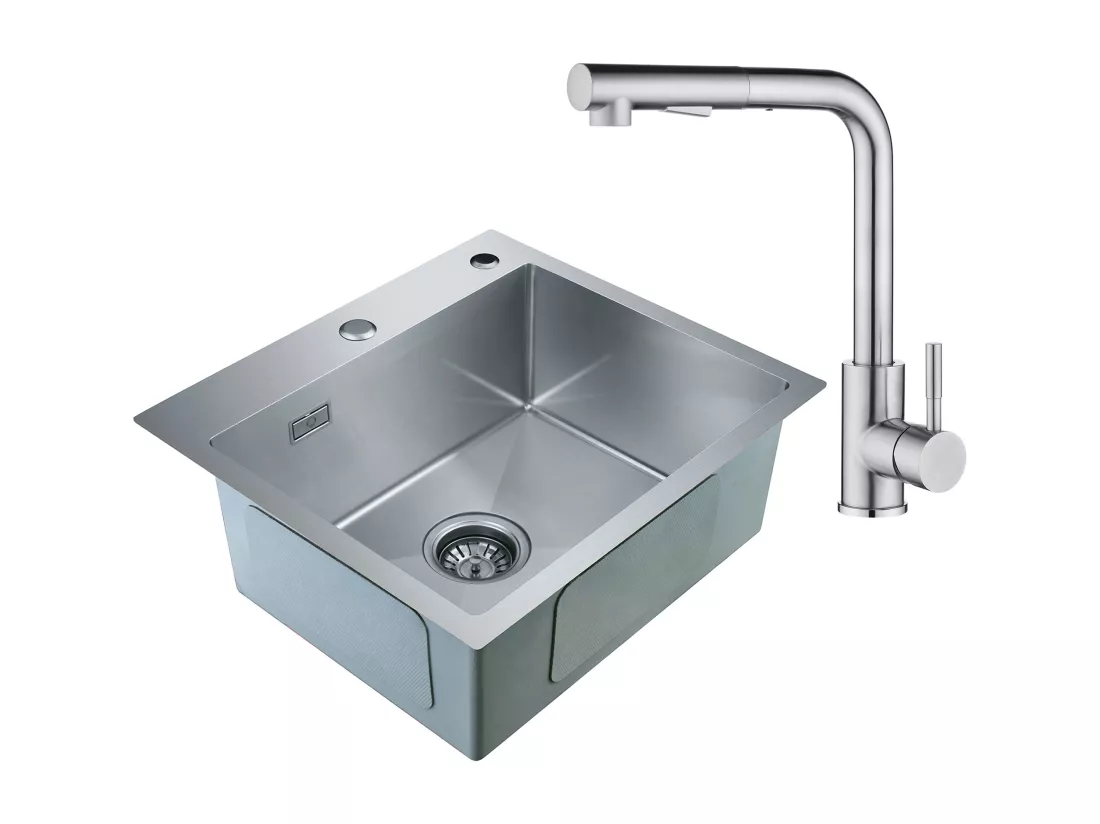 Cecipa max 2 en 1 Évier 1 Bac Inox 50 x 45 x 18,5 cm + Robinet de Cuisine Inox Extractible Chrome