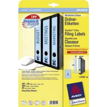 Avery Zweckform L4749-20 Ordnerrücken Etiketten A4, mit ultragrip, 38 x 297 mm, schmal/lang, 20 Bogen/100 Etiketten, blau