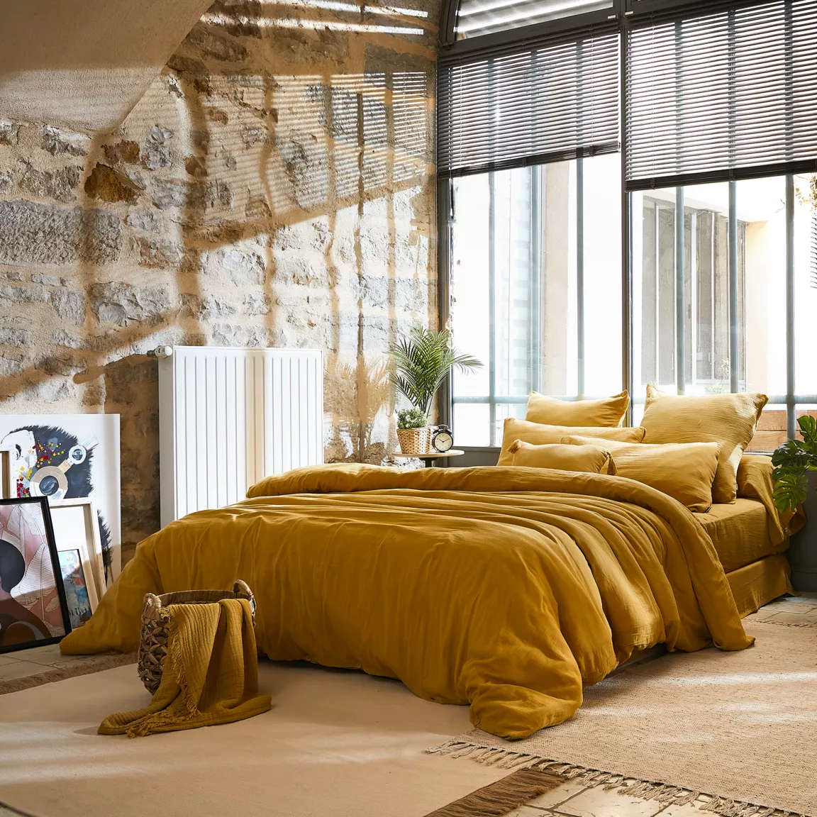 Drap plat gaze de coton (240 x 300 cm) Gaïa Jaune safran