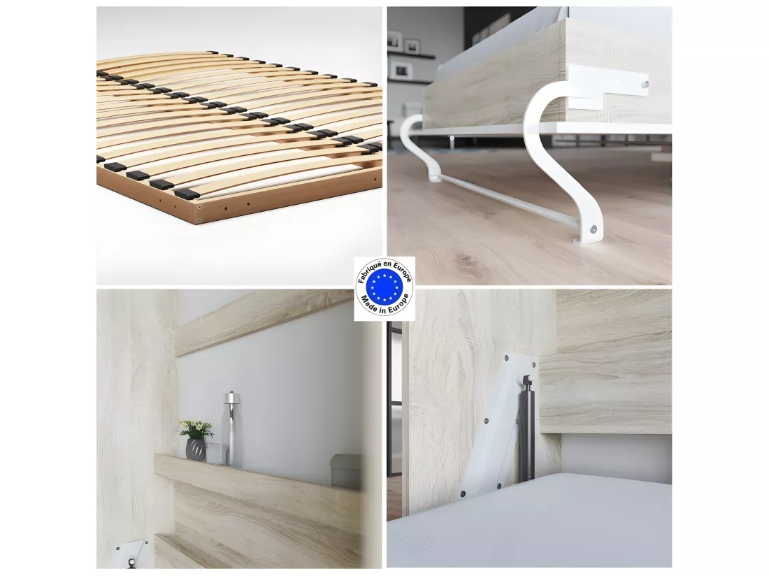 Lit escamotable +2 Placards Vertical 140x200+(100x2)cm Lit Rabattable Lit Mural Standard Chêne Sonoma/Blanc