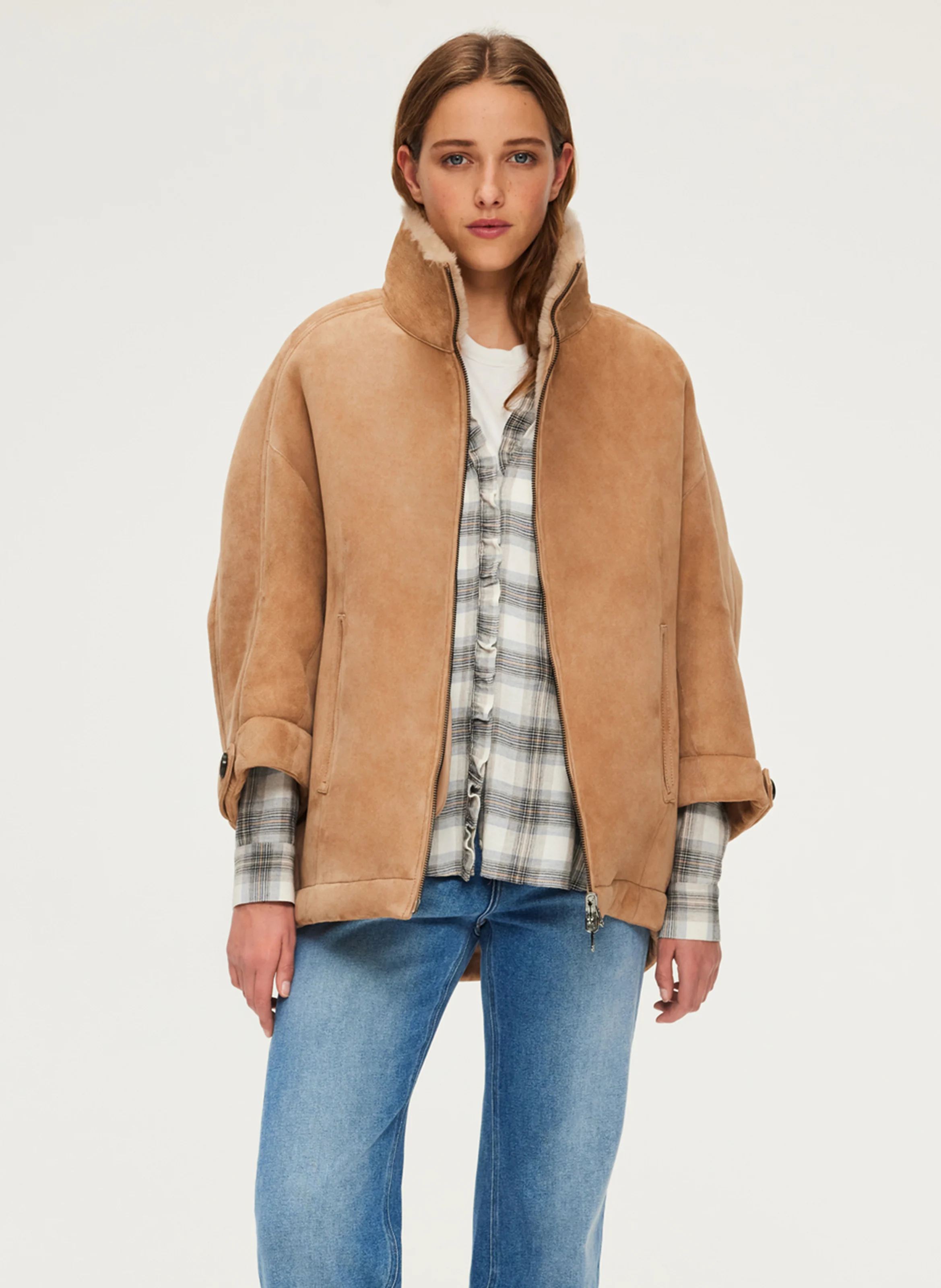 LYSA - Manteau long en cuir velours | Marron
