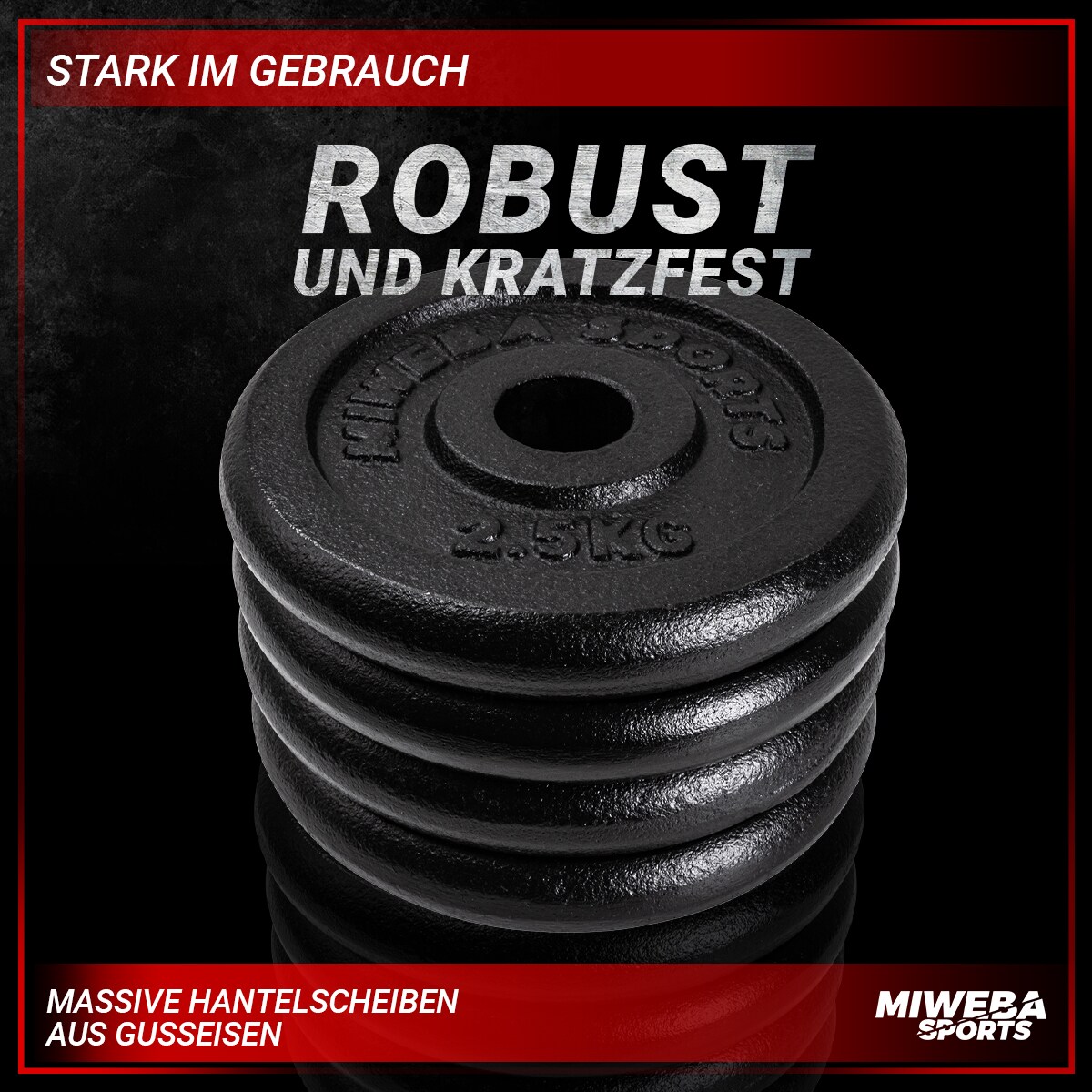 Miweba Sports Hantelscheiben HSG25, 4x 2,5 kg Hantel-Gewichte, passend für Ø 30mm, Set, Gusseisen