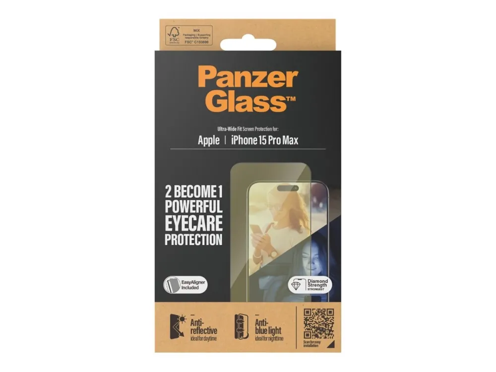 PanzerGlass™ | Ultra-Wide Fit - Skærmbeskyttelse til mobiltelefon - EyeCare Protection | Apple iPhone 15 Pro Max