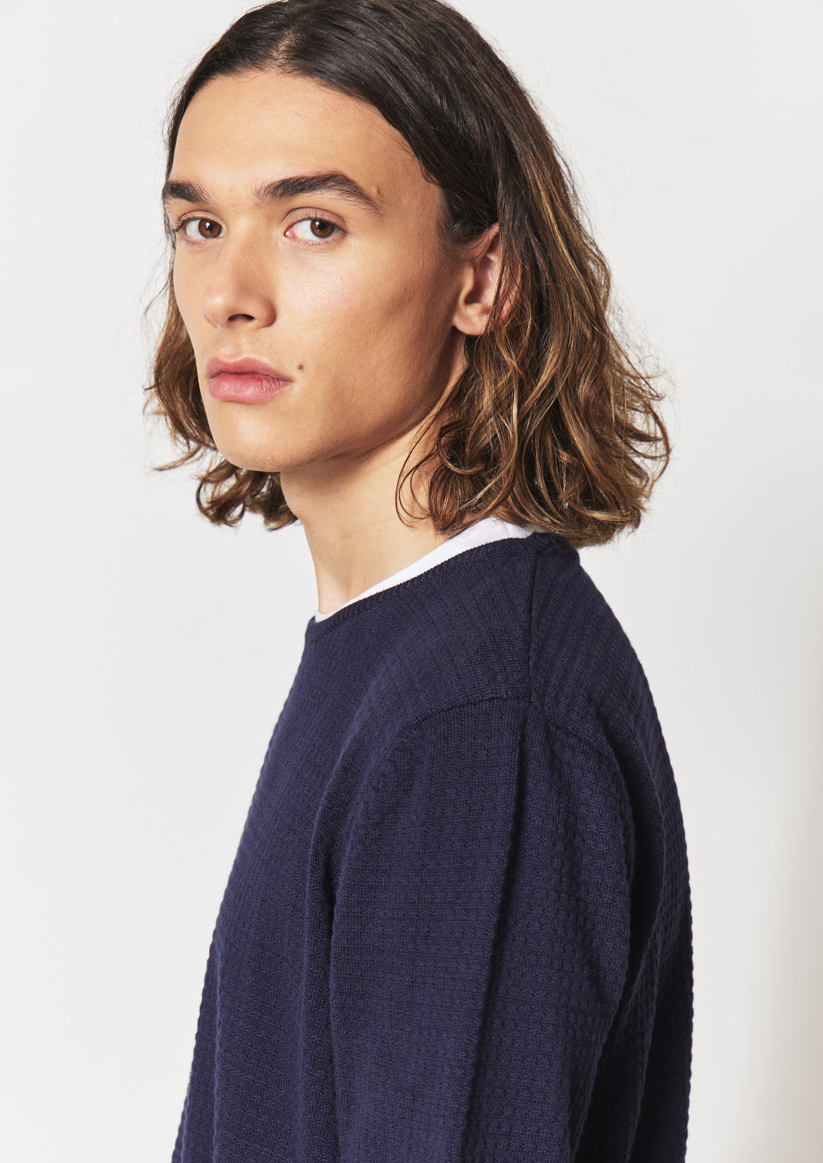 Pull col rond en coton uni bleu marine
