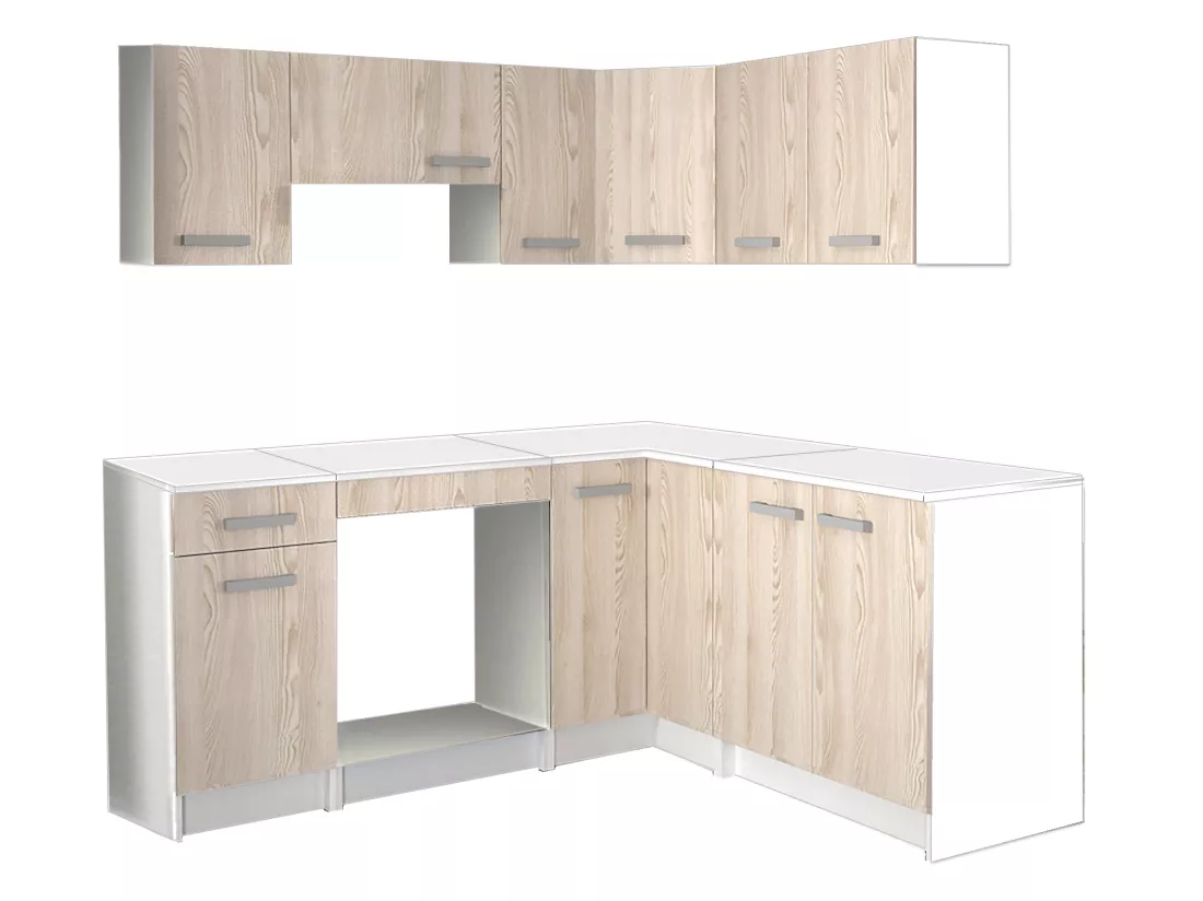 Cuisine complète d'angle réversible - Avec plan de travail 168 x 188 cm - Naturel clair et Blanc - TRATTORIA