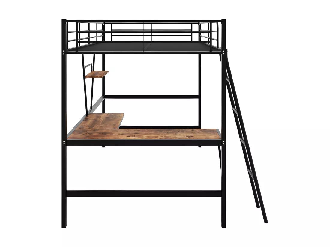 Lit mezzanine en fer - 90x200cm - avec bureau d'angle et une étagère - Noir