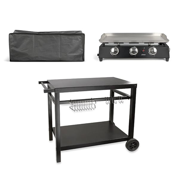 Lot plancha gaz 3 brûleurs avec chariot en métal et housse de protecti