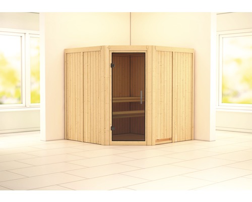 Karibu Jarina modulaire sauna zonder oven, met dakkroon en grafietkleurige volledig glazen deur