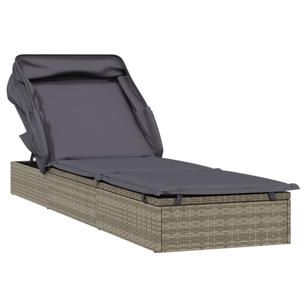 Transat chaise longue bain de soleil avec toit pliable 213 x 63 x 97 cm résine tressée gris