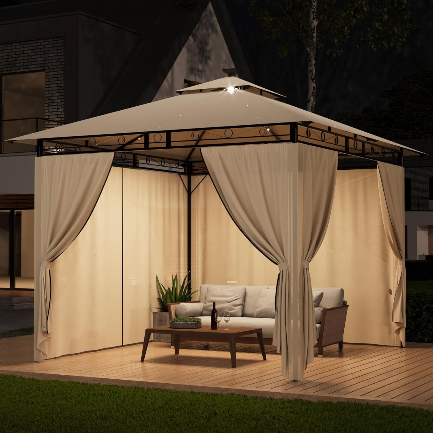 Pavillon 3x3 Wasserdicht Stabil Winterfest, Garten Pavillion mit seitenwänden, UV-Schutz 50+, Plane Gartenlaube, Metallrahmen Pavillon, Patio Gazebo, Beige