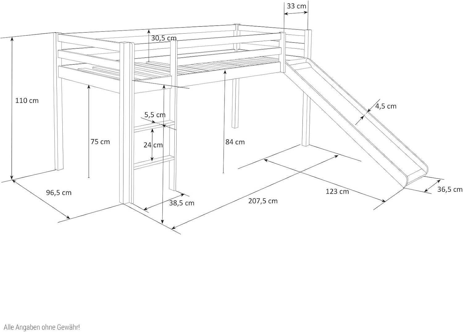 Homestyle4u Kinderbett Hochbett 90x200 Grau mit Rutsche & Leiter, Kinderhochbett stabil aus Massivholz Kiefer, Vorhang mit Sternen, Etagenbett Kinderzimmer | Artikel 1871