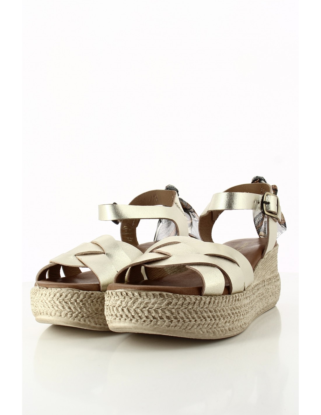 goodstep Sandales Compensées Chantal Cuir Doré et Foulard