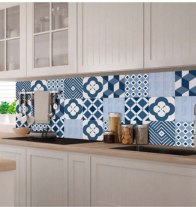 6 carreaux adhésifs motif texture bleu L.15 x H.15 x l.0,4cm