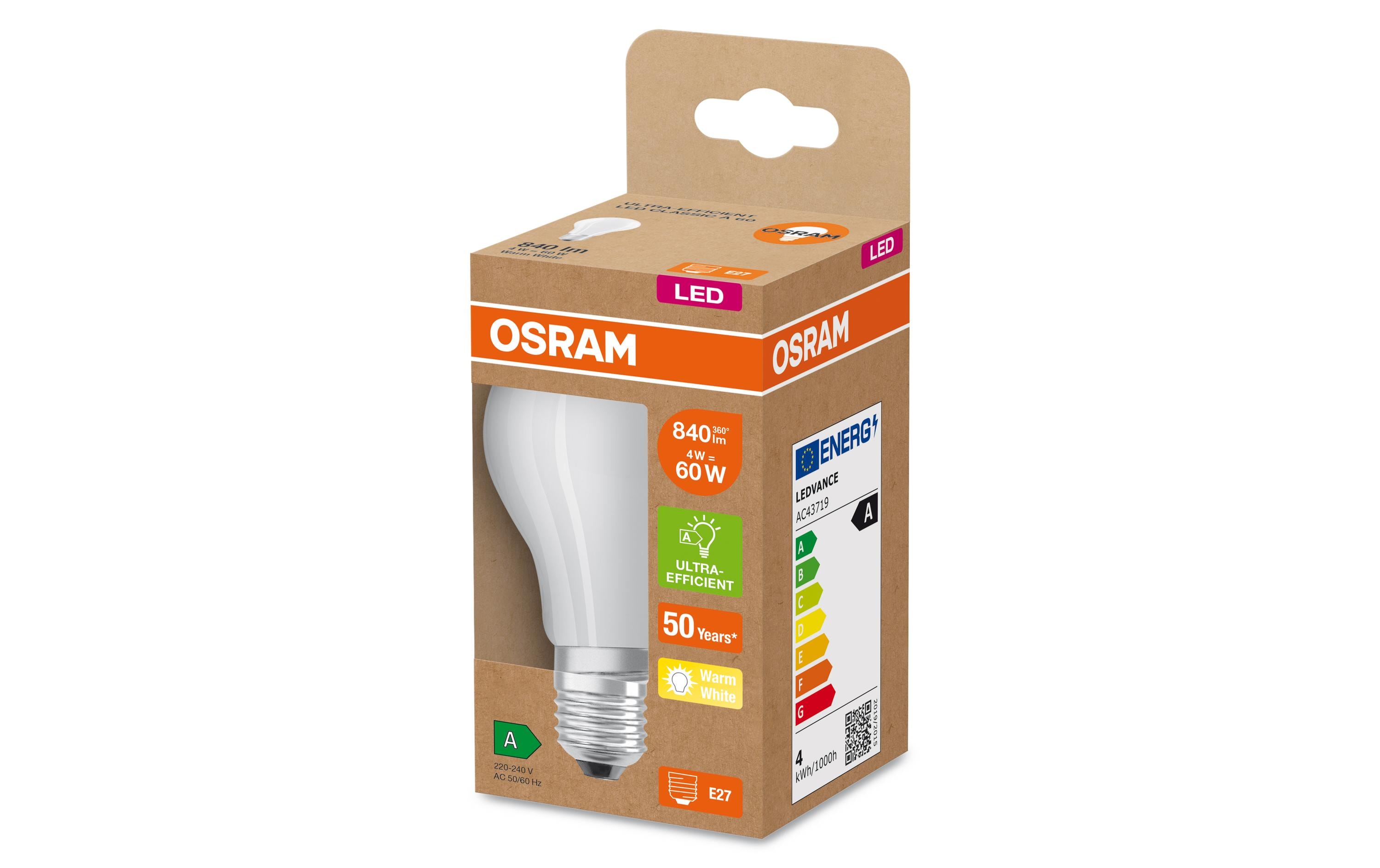 Lampe Clas A 60, 4W, E27, WarmweissLED-Lampen, klassische Kolbenform