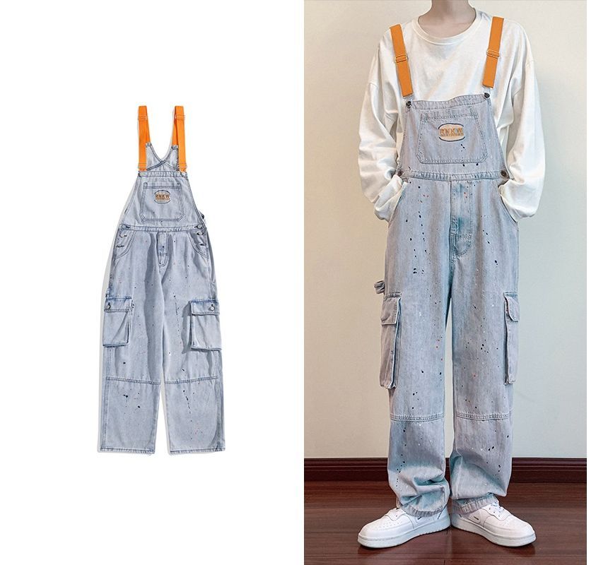 purplelouve - Splash Print Washed Cargo Wijde Denim Jumper Broek