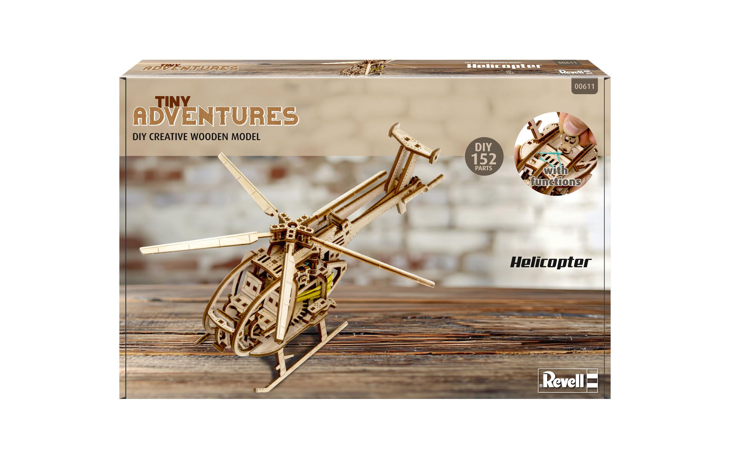 Tiny Adventures – Helicopter HolzbausatzDetaillierter Hubschrauber-Modellbausatz mit beweglichen Teilen