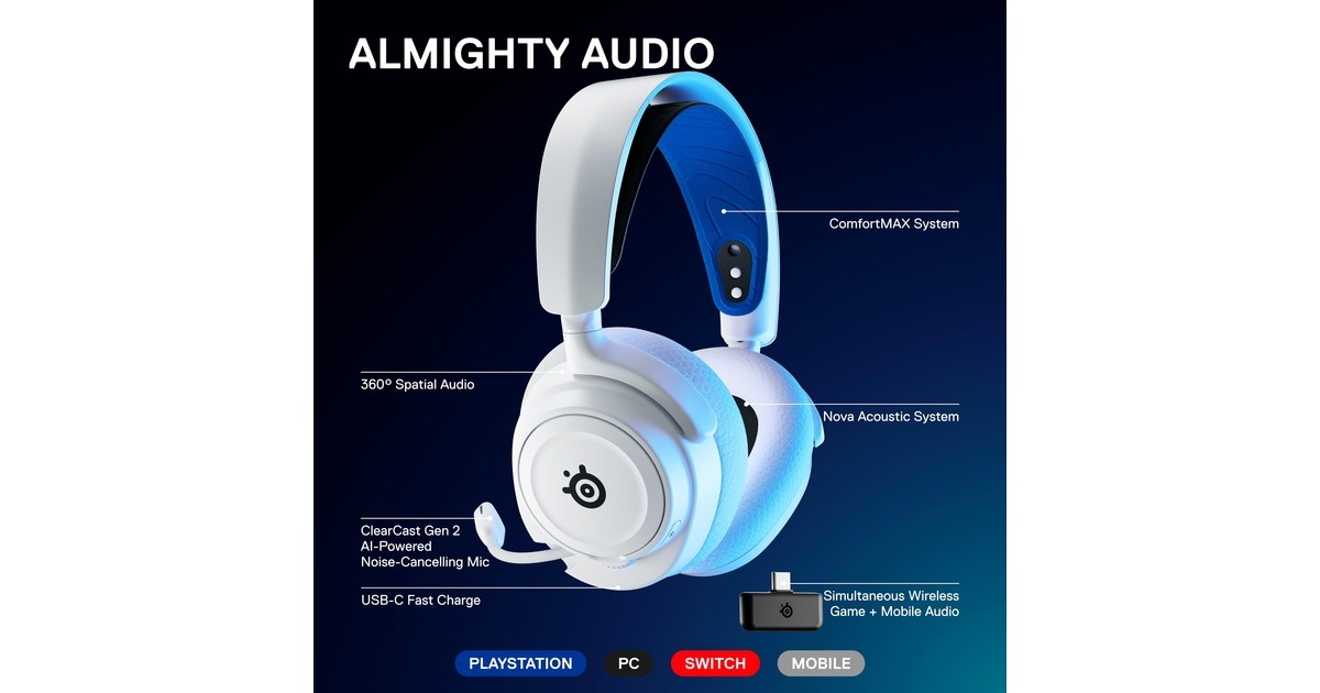 SteelSeriesArctis Nova 7P Wireless over-ear gaming headset  (Wit/blauw, 2,4 GHz, Bluetooth, Pc, PlayStation 4, PlayStation 5, Nintendo Switch, Meta Quest 2)