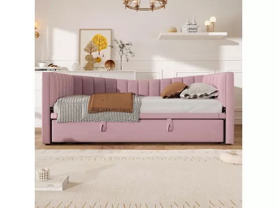 Lit gigogne Lit de jour 90x200 cm (180x200 cm) lit simple lit double avec sommier velours style minimaliste Rose