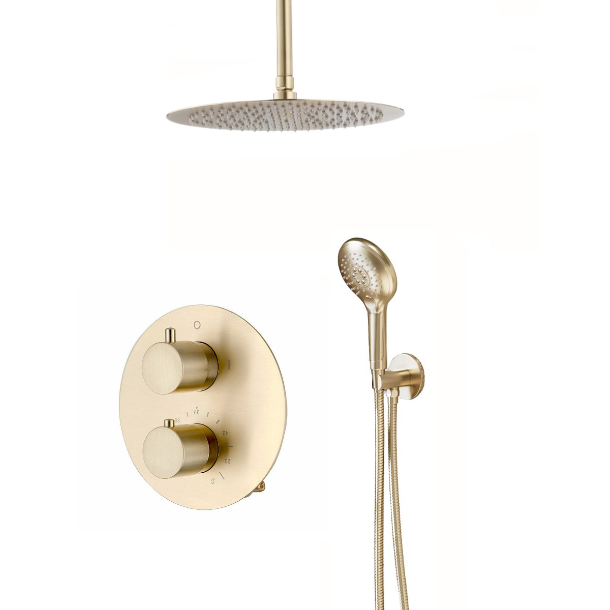 Saniclear Brass inbouw regendouche rond met 20cm hoofddouche, plafondarm en 2 standen handdouche geborsteld messing - mat goud