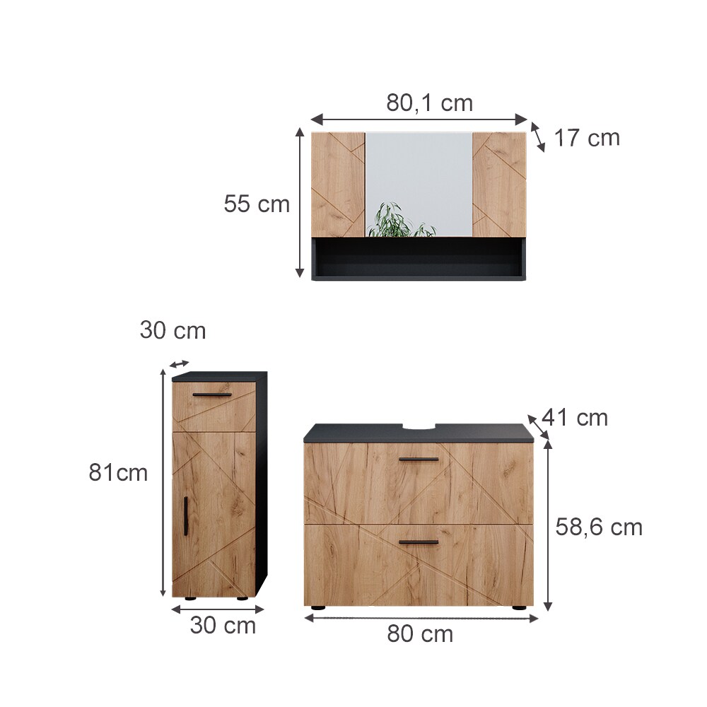 Vicco Badmöbelset Irma Anthrazit Eiche modern 80 cm 30 cm Badezimmerschrank Badschrank Badezimmermöbel Waschtischunterschrank Spiegelschrank Midischrank Schranktür Schrankfach Schrankschublade