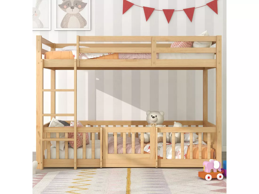 Lit superposé avec escalier rectangulaire, avec clôture et porte, protection contre les chutes et grille, bois massif (200x90cm)