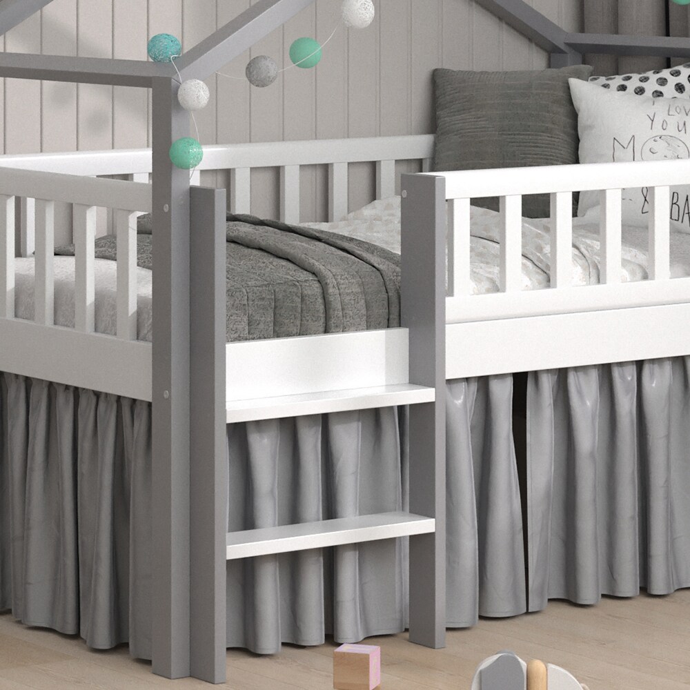 VitaliSpa Kinderbett Bettenhaus Einzelbett Adis Weiß Grau modern 168x158 cm Kinderzimmer Rausfallschutz Massivholz Lattenrost Bettleiter Hausbett Hochbett