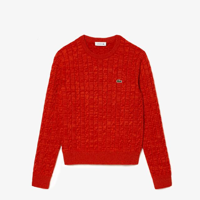 Pull à torsades moulinées en laine et coton Pullovers - Rouge - Lacoste - Femme