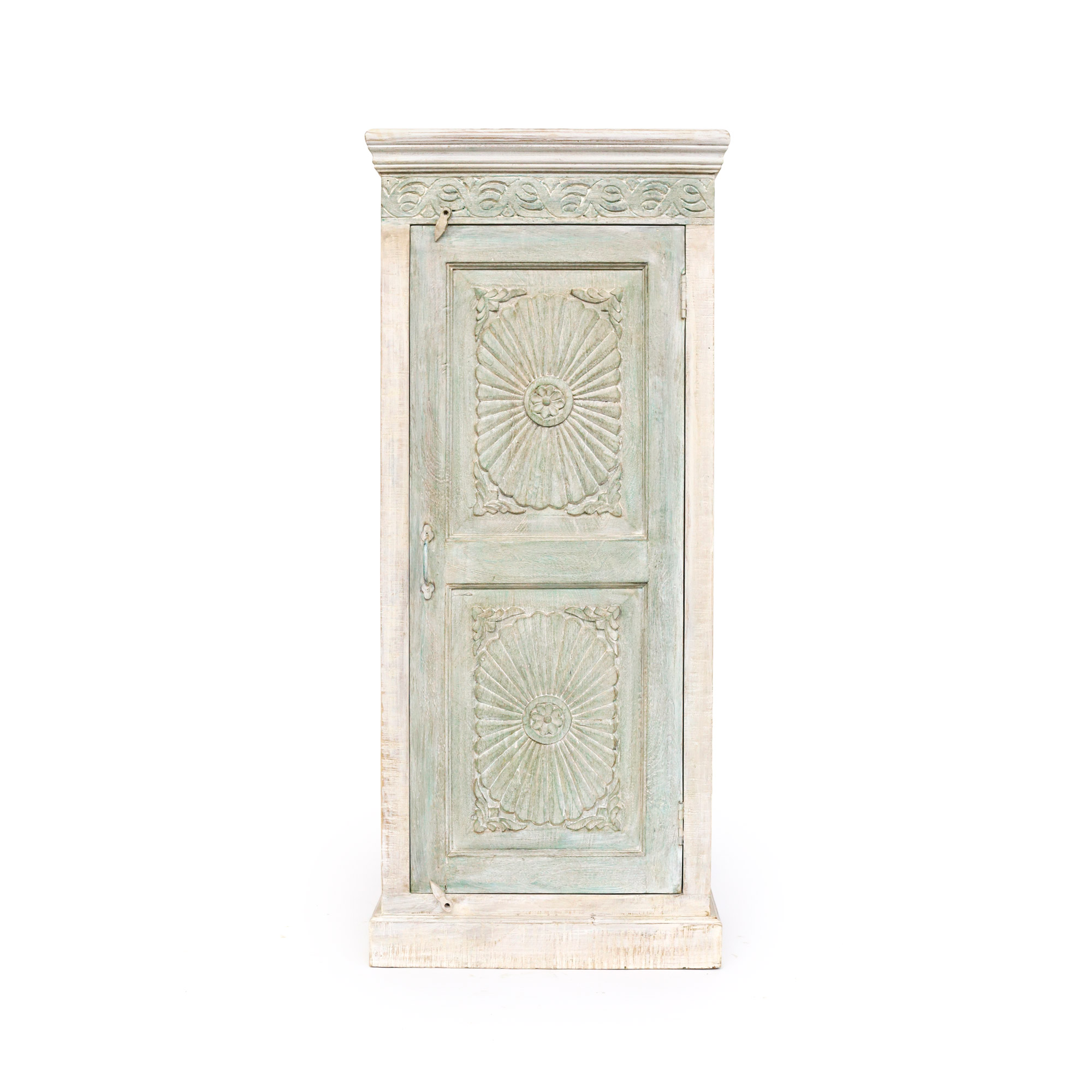 Schrank aus Mangoholz, weiß, grün, H 147 cm, B 63 cm, L 41 cm von fischer's lagerhaus
