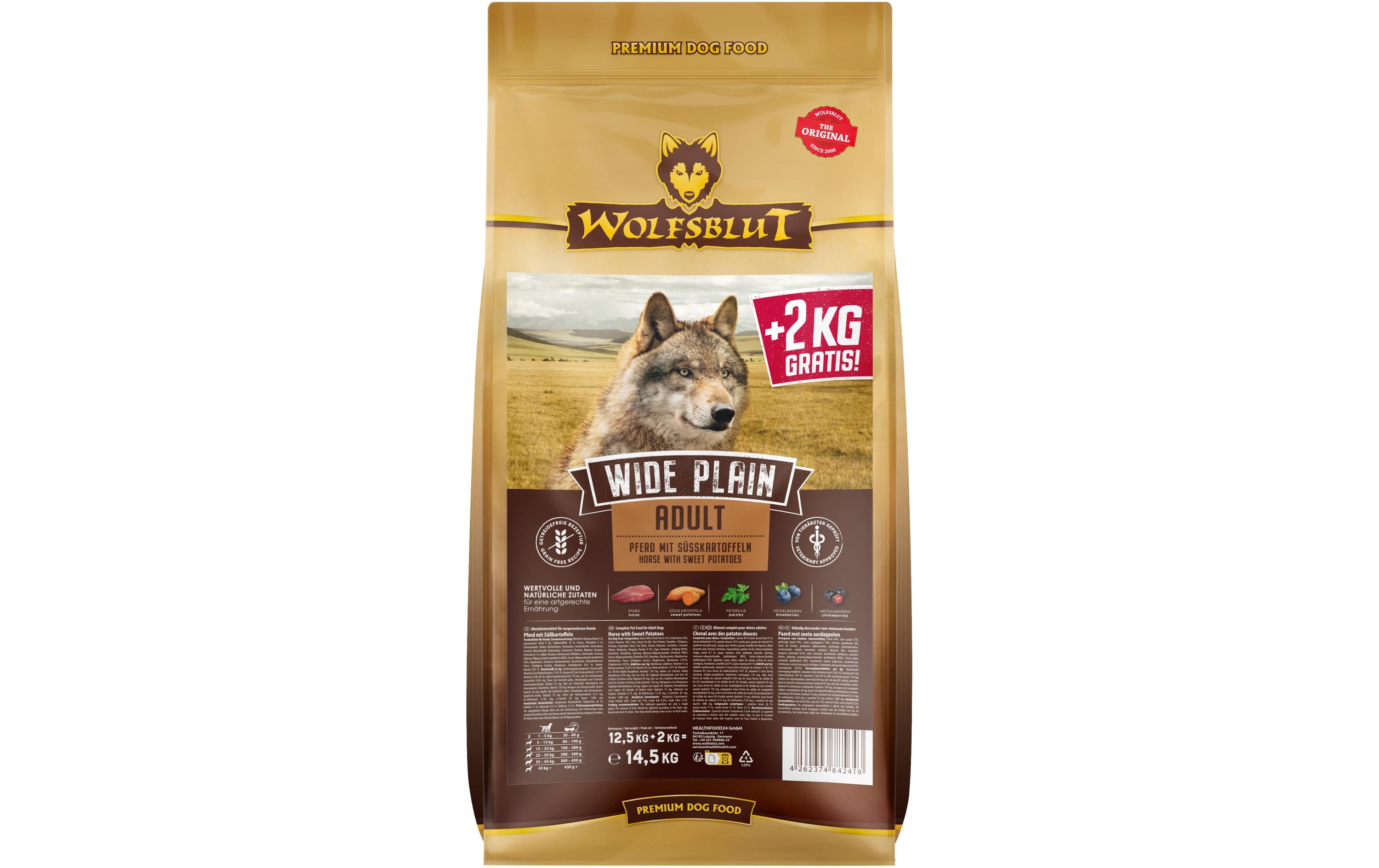 Trockenfutter Dog Wide Plain Adult, 12.5 kg + 2 kgMit Pferd und Süsskartoffel