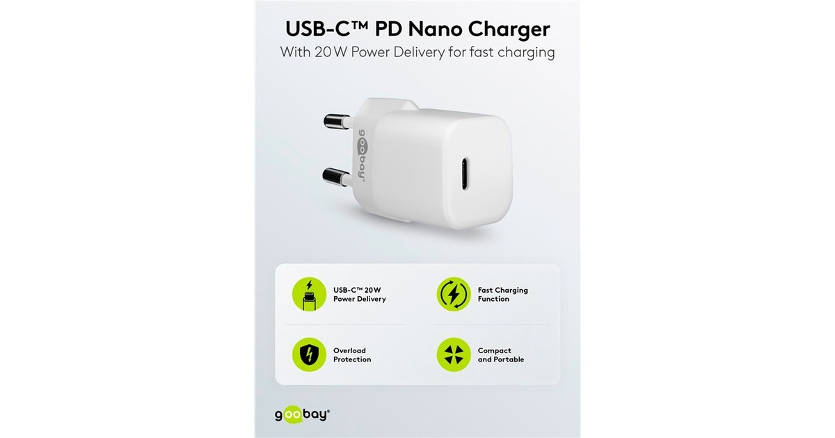 goobayLightning/USB-C PD oplaad set Nano (20 W)   (Wit, 1 meter)