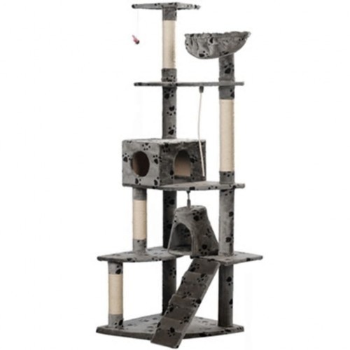 Poste arranhador para gatos, cinza, com pegadas.