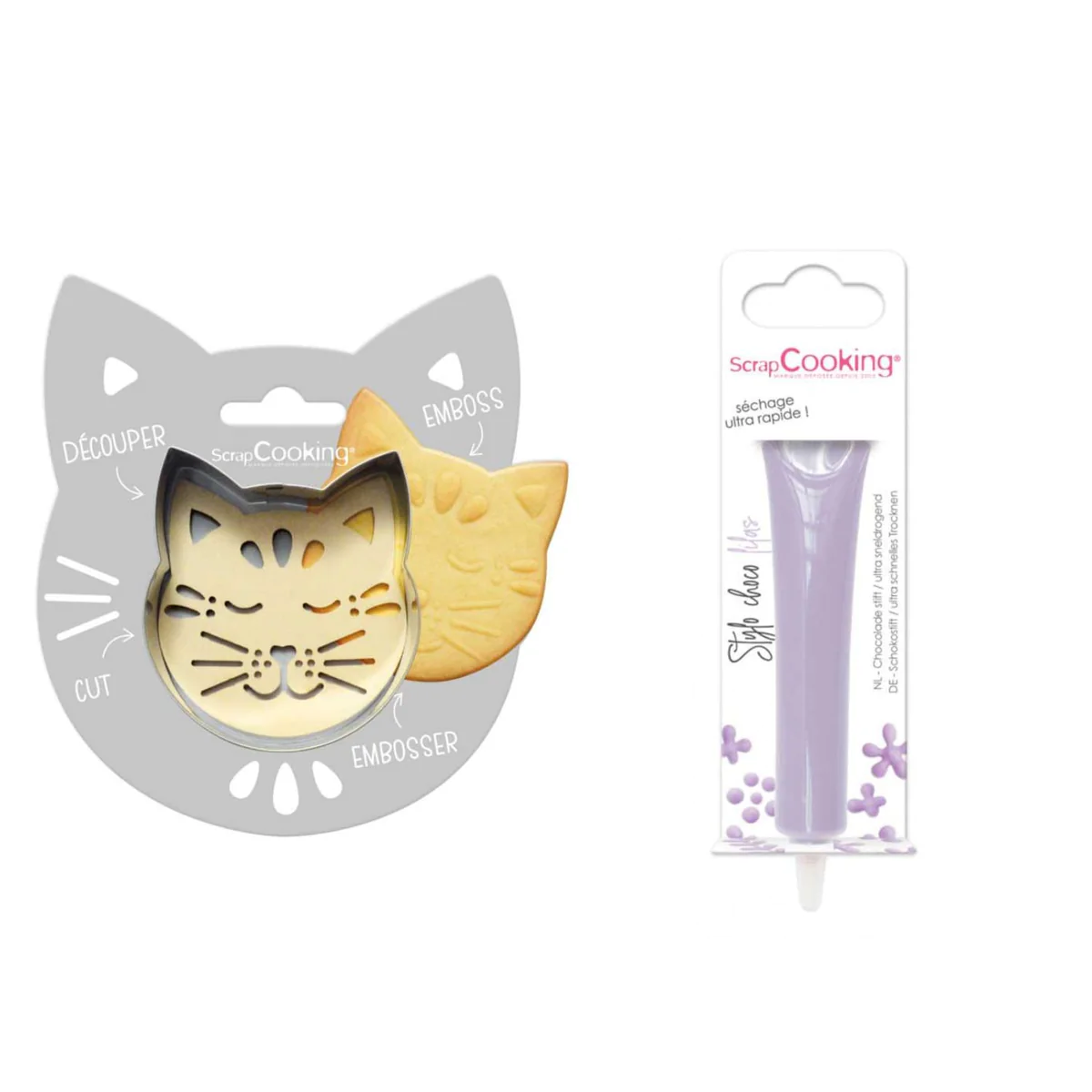 Kit pour biscuit en relief Chat + Stylo au chocolat lilas Scrapcooking