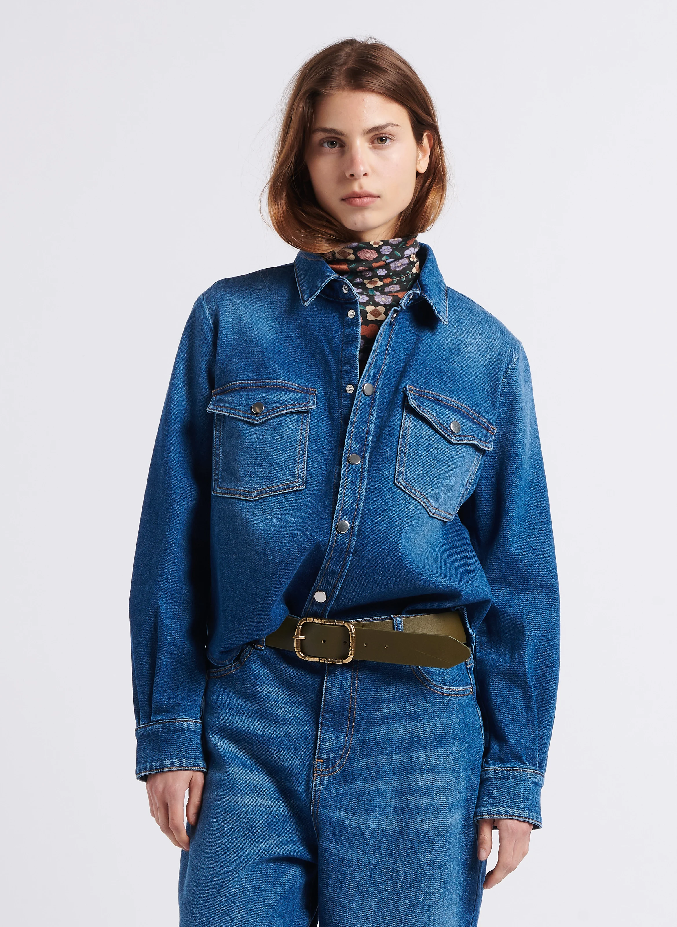 TOPAZE - Chemise droite col classique en denim stretch| Bleu