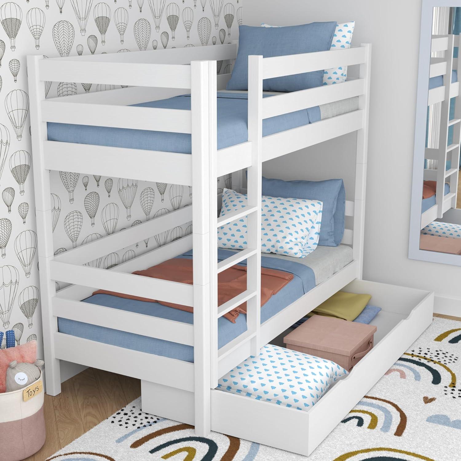 N01 Etagenbett mit Schublade 90x200 cm, Kinderbett mit Leiter, 2 Leitermontageseiten: Links oder rechts, abgerundete Kanten, Stabile Massivholzkonstruktion, Hochwertige Materialien, Weiß