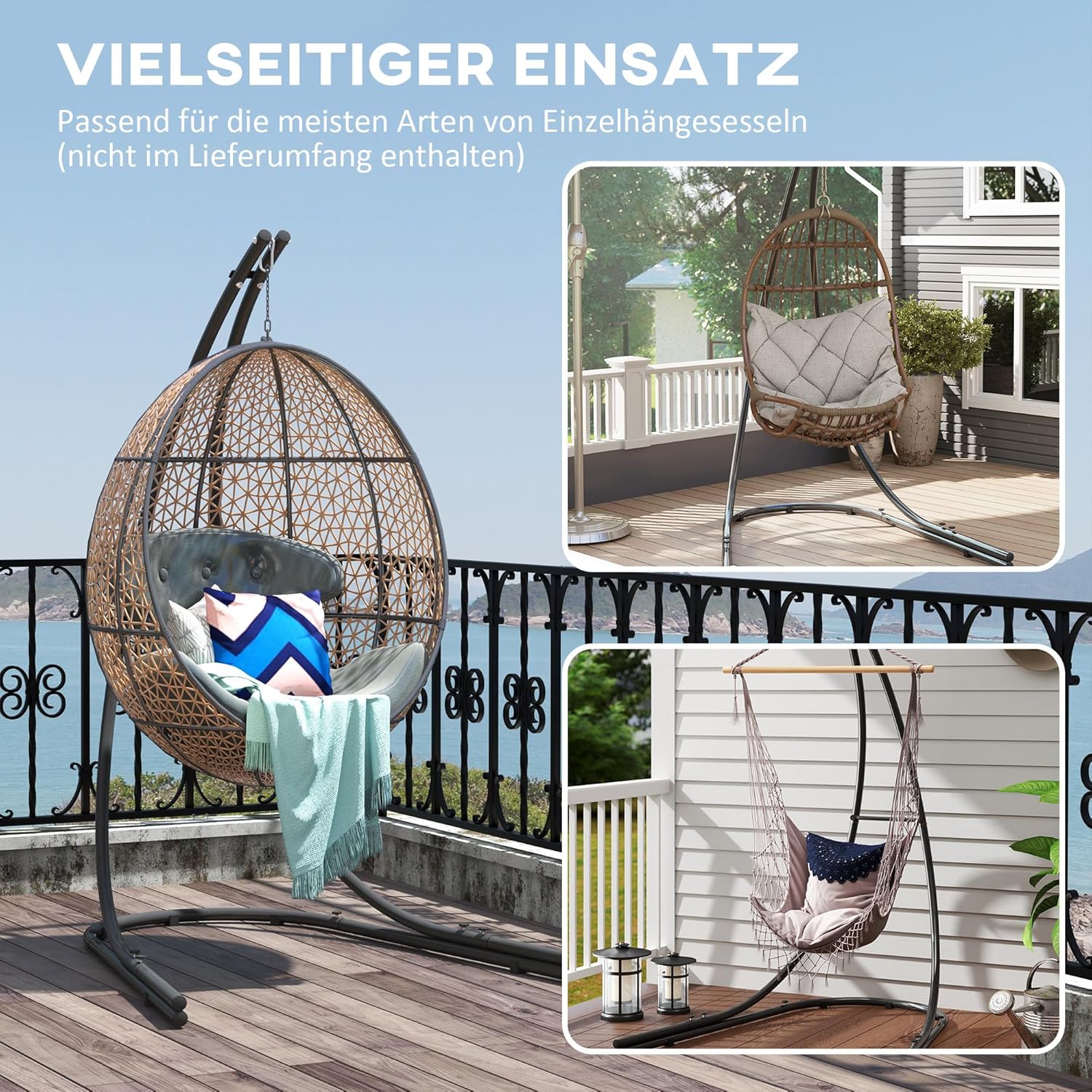 Outsunny Gestell für Hängesessel in C-Form Metall Ständer mit Sockel für Hängesitz Hängestuhl, Hängeschaukel Hängemattengestell bis 150kg, Hängestuhlgestell für Indoor Outdoor Balkon, Terrasse Schwarz